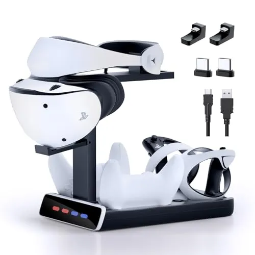 PSVR2およびPS5用3イン1コントローラー充電ドック、LEDライト付きVRスタンドディスプレイ、PS5 VR2ストレージベースゲームアクセサリー、4つの磁気クラスプ&Type-Cケーブル