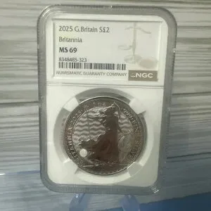 2025年 イギリス 2ポンド ブリタニア 1オンス 銀貨 NGC MS69 チャールズ3世