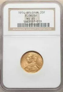 ベルギー、金貨 20フラン 1914年 ポジションB - フランドル - NGC MS 65 ,,, RARE5