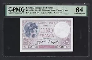 フランス 5 フラン 1924 P72c 未流通グレード 64