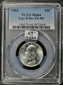 1962年ワシントン・クォーター硬貨。タイプB裏面。FS-901。MS64 g632