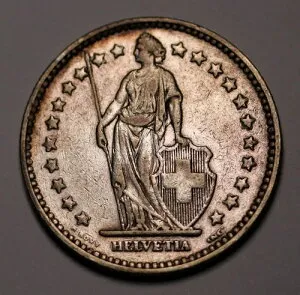 スイス 2フラン 1914年 銀貨 KM# 21 aVF