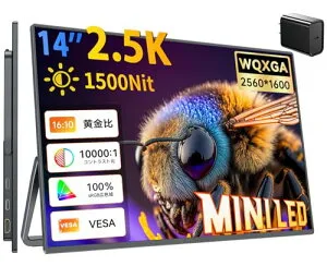 UPERFECT モバイルモニター 14インチ 2K 高輝度 1500Nits ミニLED 非光沢 LCDパネル搭載 WQXGA (2560×1600) 16:10 100% sRGB 高コントラスト10000:1 自立型 ポータブル サブモニター ノングレア スピーカー内蔵 Ty