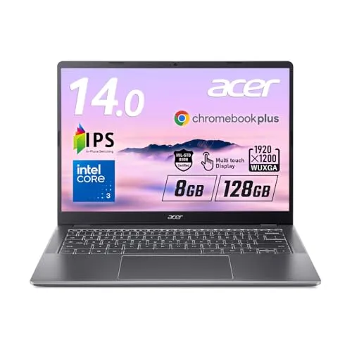 Acer クロームブック Chromebook Plus 514 Core 3 N355 AI 8GBメモリー 128GB SSD 14インチ WUXGA 16:10 IPS 非光沢 10点マルチタッチ 12時間駆動 1.4Kg Webカメラ スライドカバ