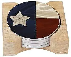 CounterArt テキサス国旗デザイン 吸収性コースター 木製ホルダー 4個セット CounterArt Texas Flag Design Absorbent Coasters in Wooden Holder, Set of 4