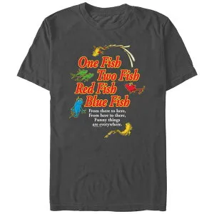 アニメキャラクター メンズ トップス Tシャツ グラフィック Licensed Character Men's Dr. Seuss One Fish Two Fish Red Fish Blue Fish Poster Graphic Tee Charcoal チャコール