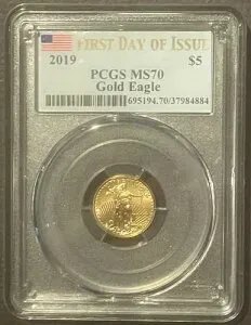 2019年 アメリカンイーグル 5ドル金貨 PCGS MS70 FDOI : BU GEM コイン 1/10オンス 地金 : 10484