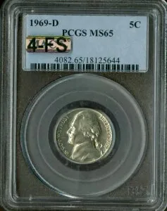 1969 D ジェファーソン ニッケル PCGS MS65 MAC 4FS レア、FS では $35,000 でリストされます。