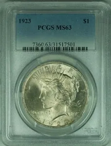 1923年 ピースシルバードル S$1 PCGS MS63 アンダーグレード (24L)
