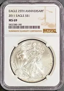 2011 $1 シルバー アメリカン イーグル MS 69 NGC # 5832380-180 + ボーナス