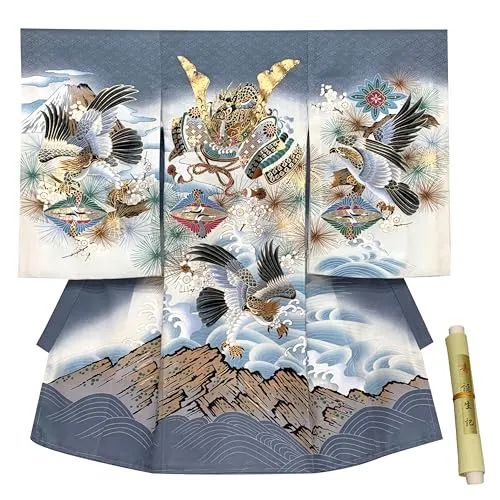 [京都室町st．] 化粧箱入り、誕生記付き お宮参り 着物 男の子 刺繍入り 赤ちゃんのお祝い着 (初着 産着) 正絹「グレー、兜、鷹三羽に富士山」UBB01-03