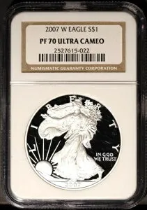 2007-W 1ドル銀貨アメリカンイーグル PF70DCAM NGC # 2527615-022 + ボーナス