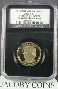 2011 S NGC PF70 アンドリュー・ジョンソン 大統領ドル ブラック レトロ 25周年記念ラベル