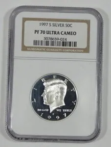 1997-S ケネディ銀貨ハーフドル NGC認定プルーフ 70 ウルトラカメオ