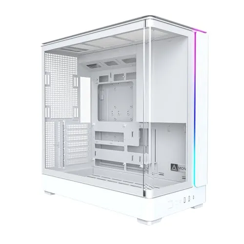 MONTECH King 45 ATX PCケース、湾曲したパノラマガラス、煙突風冷却、デュアルチャンバーデザイン、360mmラジエーターサポート、次世代GPUおよび高性能システム用のコンパクトビルド、ホワイト。