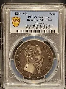 1866-Mo 1 ペソ メキシコ ミント PCGS 本物-XF ディテール エンペラドール マクシミリアーノ KM-388.1