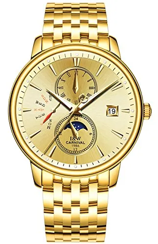 Men's Complications Analog Automatic Mechanical Watch Luminous Calendar Moon Phase Stainless Steel Band (All Gold)