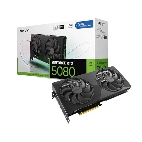 PNY NVIDIA GeForce RTX? 5080 スリムデュアルファン、デュアルスロットOCグラフィックスカード(16GB GDDR7、SFF-Ready、256ビット、ブースト速度:2730MHz、PCIeR 5.0、HDMIR/DP 2.1、N