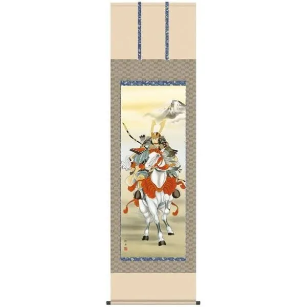 こどもの日 端午の節句 掛け軸 「白馬武者」 作：長江桂舟 (正絹緞子本表装・尺五サイズ・54.5×190cm) KZ2F2-074 (インテリア掛け軸)