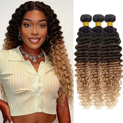 Hailookmey オンブレ 3トーン ブラウンとハニーブロンドカラー 人毛束 ディープウェーブバンドル ブラジリアン未処理バージン人毛 クイックウィーブエクステンション (3束 26 28 30 インチ 300g T1B/4/27 色)