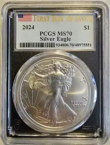 2024 アメリカン シルバー イーグル (ASE) 1 ドル コイン、PCGS MS70、発行初日 (FDOI)!