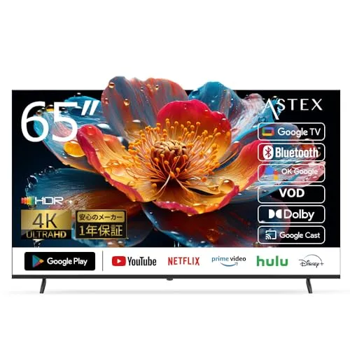 ASTEX 65V型 4K チューナーレス スマートテレビ Google TV搭載 大型液晶テレビ IPSパネル HDR YouTube/Netflix/Disney+ 他主要VODアプリ対応 Wi-Fi 内蔵 Bluetooth 5.0 HDMI 2.1