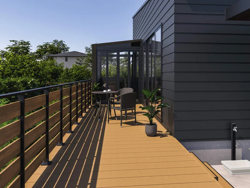 ウッドデッキ(工事費込み) 人工木デッキ ヴィラウッド 人工木幕板仕様 スタンダードタイプ[幅:2766mm 奥行:1345mm 床高さ:ロング(700mm) カラータイプ:コルクブラウン(木目調)] 三協アルミ | 0.5坪/0.75坪/1.5間/2間/2.5間/1.5坪/2坪/4尺/5尺/6尺/7尺/8尺/9尺/10尺/90cm/180c