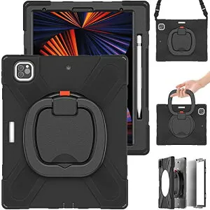 iPad Air 13 2025(M3) / 2024(M2) ケース,Pro 12.9インチケース第6 / 5 / 4 / 3世代 カバー 耐衝撃 頑丈 360度回転スタンド ハンドル付き 虹色 かわいい アイパッド ケース ペンシル収納 持ち手付き 肩掛け 斜