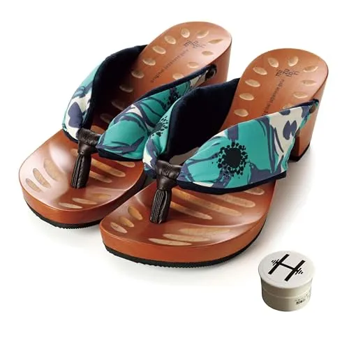 [mizutori] げたのみずとり hitete(ハイテテ) 洋服にも合うモダン下駄 KCC-19 涼華／紺・シフォンカーフ茶 6.5cmヒール (オリジナルかかと保湿クリーム付き) 水鳥工業 (日本の靴のサイズ寸法, 大人, アルファベット, M)