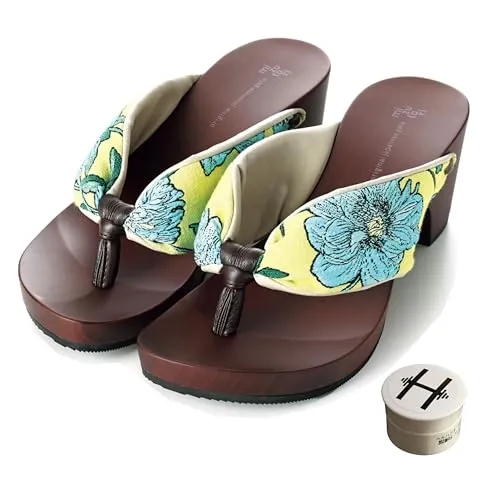 [mizutori] げたのみずとり hitete(ハイテテ) 洋服にも合うモダン下駄 KCW-30 夏空花／シフォンカーフグレー・シフォンカーフ茶 6.5cmヒール (オリジナルかかと保湿クリーム付き) 水鳥工業 (日本の靴のサイズ寸法, 大人, アルフ