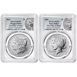 2024 年 1 ドル モーガン アンド ピース シルバー ダラー 2 枚セット PCGS MS70 FDOI モーガン アンド ピース...