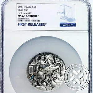 ツバル 2021年 ZHAO YUN ドラゴンスピア戦士神騎士 5オンス シルバーコイン MS 68 FR