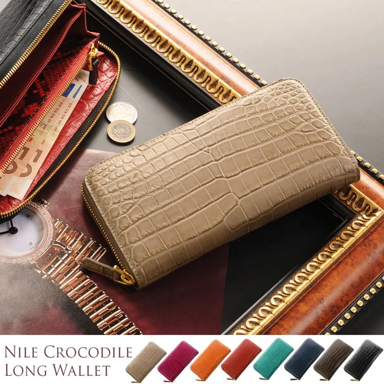 ［割引クーポン］クロコダイル長財布 ゴールド ラウンドファスナー マット加工 センター取り 一枚革 内装 パイソン/クロコダイル 全11色(No.060 金運