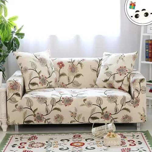 花柄のストレッチソファカバー、伸縮性スパンデックス保護、1、2、3、4人乗り用アームレストカバー、ナチュラル花柄、お手入れ簡単、家の装飾に最適。(Blumen Pflanze,2 Sitzer)