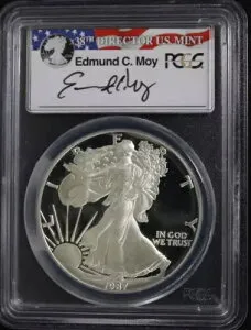 1987-S アメリカン シルバー イーグル サイン入り エドマンド C. モイ PCGS - PR69 DCAM *フラッグ ラベル*
