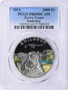 2011年 コートジボワール スミロドン サーベルタイガー シルバー 1000 フラン コイン PR 69 DCAM PCGS