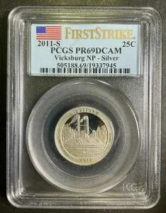 PCGS PR69DCAM 2011-S ビックスバーグ NP ファーストストライク クォーター 25セント シルバー ブラストホワイト SA