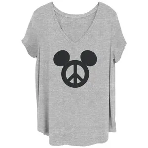 ディズニー レディース トップス Tシャツ Vネック プラスサイズ Disney's Mickey Mouse Juniors' Plusize Peace Sign V-Neck Tee Heather Gray グレー