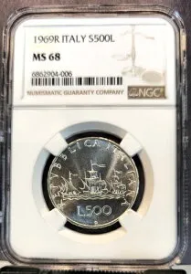 1969年 イタリア シルバー 500リラ S500L コロンブス船 NGC MS 68 ジェム BU レア トップポップ