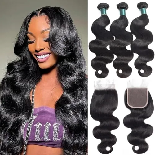 12A 束 閉鎖 人毛 20 22 24+18 インチ、ボディウェーブ 人毛 束 4X4 Hd レースクロージャー、100% 未処理 ブラジル バージンヘア 織り ナチュラル ブラック カラー