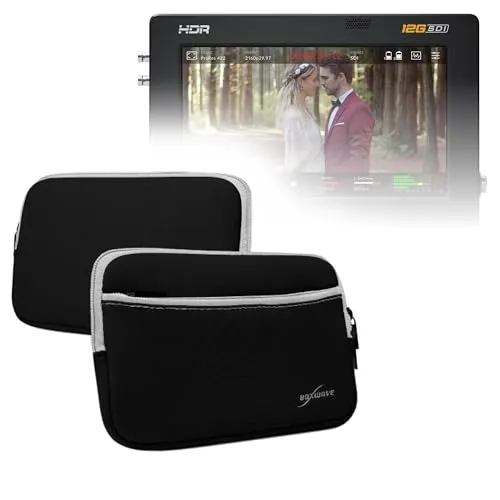 BoxWaveケース Blackmagic Video Assist 12G HDR (5インチ)対応 - ポケット付きソフトスーツ ソフトポーチ ネオプレンカバー スリーブ ジッパーポケット - ジェットブラック