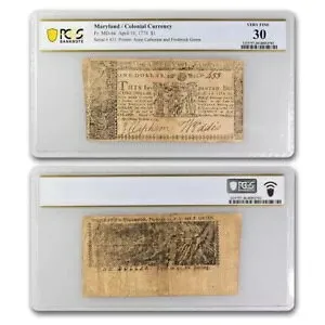 1774 $1 メリーランド州 1774/4/10 VF-30 PCGS (Fr#MD-66)