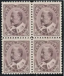 カナダ 10c KEVII ブロック、Scott 93、F-VF MNH/MH、カタログ - $3,875