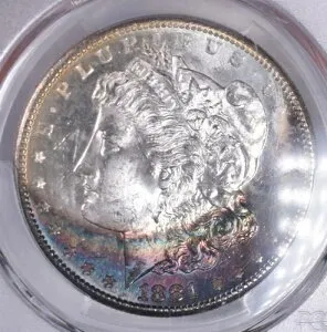 1881-S モルガン銀貨 - PCGS MS65 - ユニークダブルクレセントトーニング JS