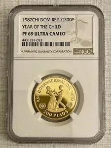ドミニカ共和国 1982年 チャイルドイヤー 200ペソ 金貨 NGC PF69 UC SKU#1872