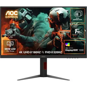 AOC エーオーシー ゲーミングモニター U27G4XM/11 27インチ 4K UHD 3840×2160 MiniLED 1152ゾーン HDR1000 FastIPS 320Hz 160Hz 144Hz 1ms HDMI2.1 DisplayPort チルト スイベル ピボット 高さ調整 ゲーミングディスプレイ 2