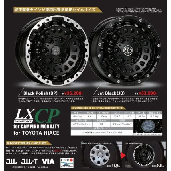 15インチ200系ハイエース2/4WD LX-MODEアルミホイール【LXCP】1本キャンピングカー専用[15インチ6.5J/30/6穴/PCD139.7/ハブ径106.2]カラ選択必要 代引不可