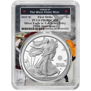 2025-W プルーフ $1 アメリカン シルバー イーグル アーミー プライビー PCGS PR69DCAM FS ウェストポイント