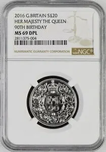 2016年 英国 銀貨 20ポンド 女王生誕90周年記念 ミントステート NGC MS 69 DPL