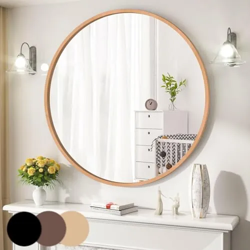 丸鏡 天然木製 壁掛けミラー 直径40 50 60 70 80cm、円形ミラー ウォールミラー 丸鏡 無垢材のフレーム HDフロートガラス、飛散防止 Wall Mirror 高精細 HD鏡面 簡単に掛けられます、ウォールミラー 化粧鏡 おしゃれ 北欧風 浴